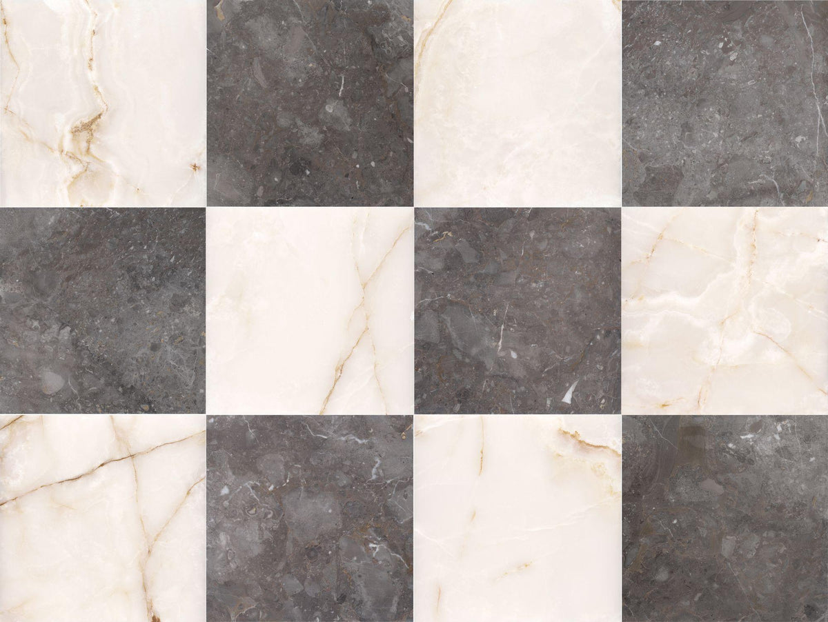 Caribbean Grey Honed &amp; White Onyx Honed 12&#39;&#39; x 12&#39;&#39;  x 3/8&#39;&#39; Checker Board Field Tile