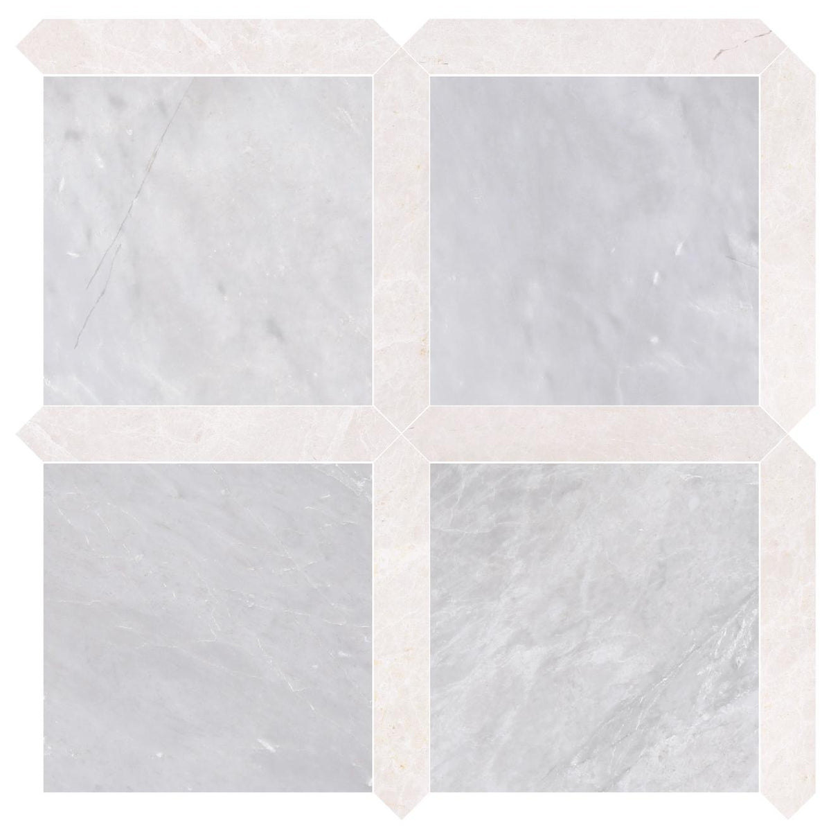 Ice Grey Honed 12&#39;&#39; x 12&#39;&#39;  x 3/8&#39;&#39; Field Tile &amp; Vanillish Pearl Honed Picket 2&#39;&#39;x12&#39;&#39; 3/8&#39;&#39; Field Tile | Picket Square