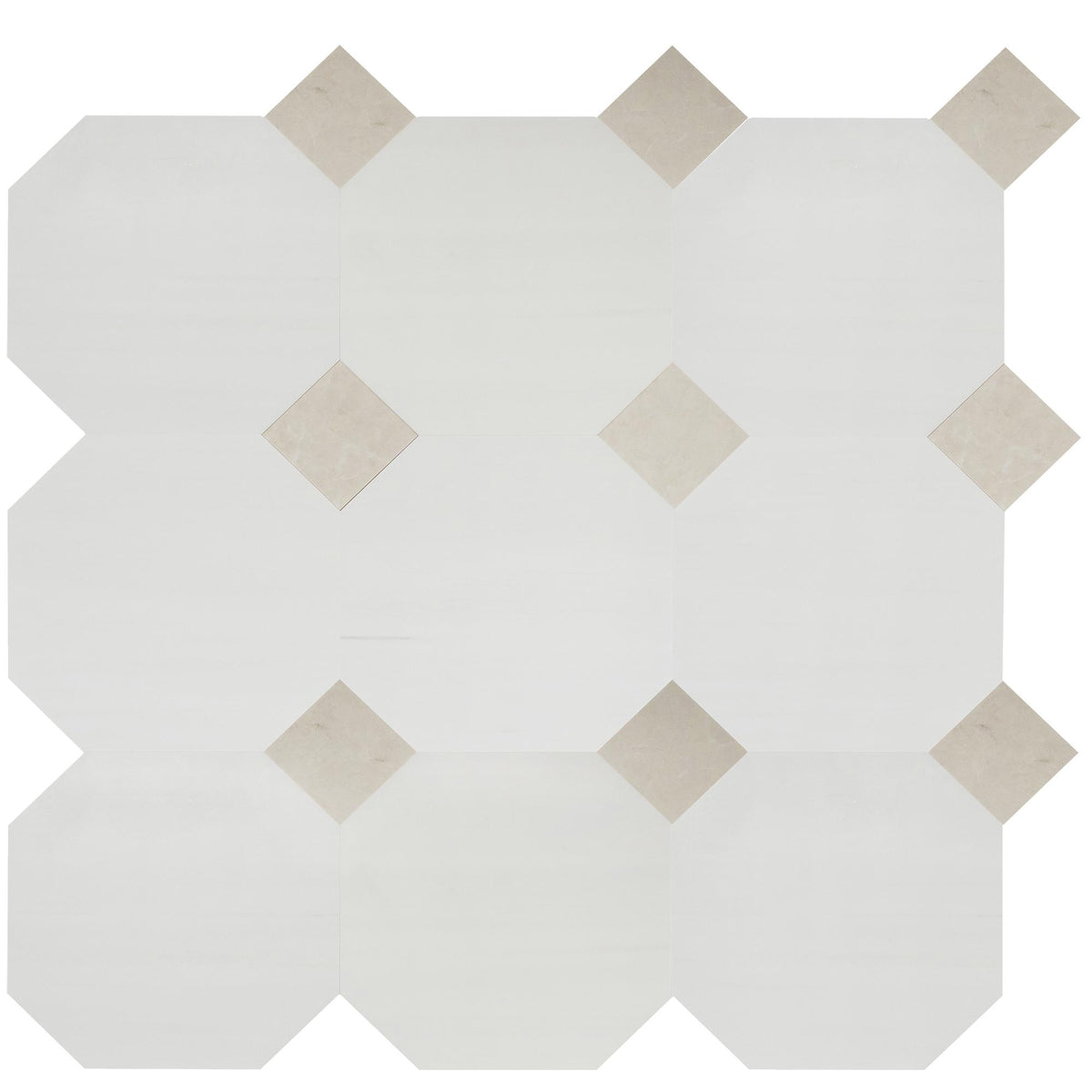 Glacier White Honed Octagon 12&#39;&#39; 3/8&#39;&#39; Field Tile &amp; Crema Ella Honed 4&#39;&#39; x 4&#39;&#39;  x 3/8&#39;&#39; Field Tile | Octagon with Cabochon