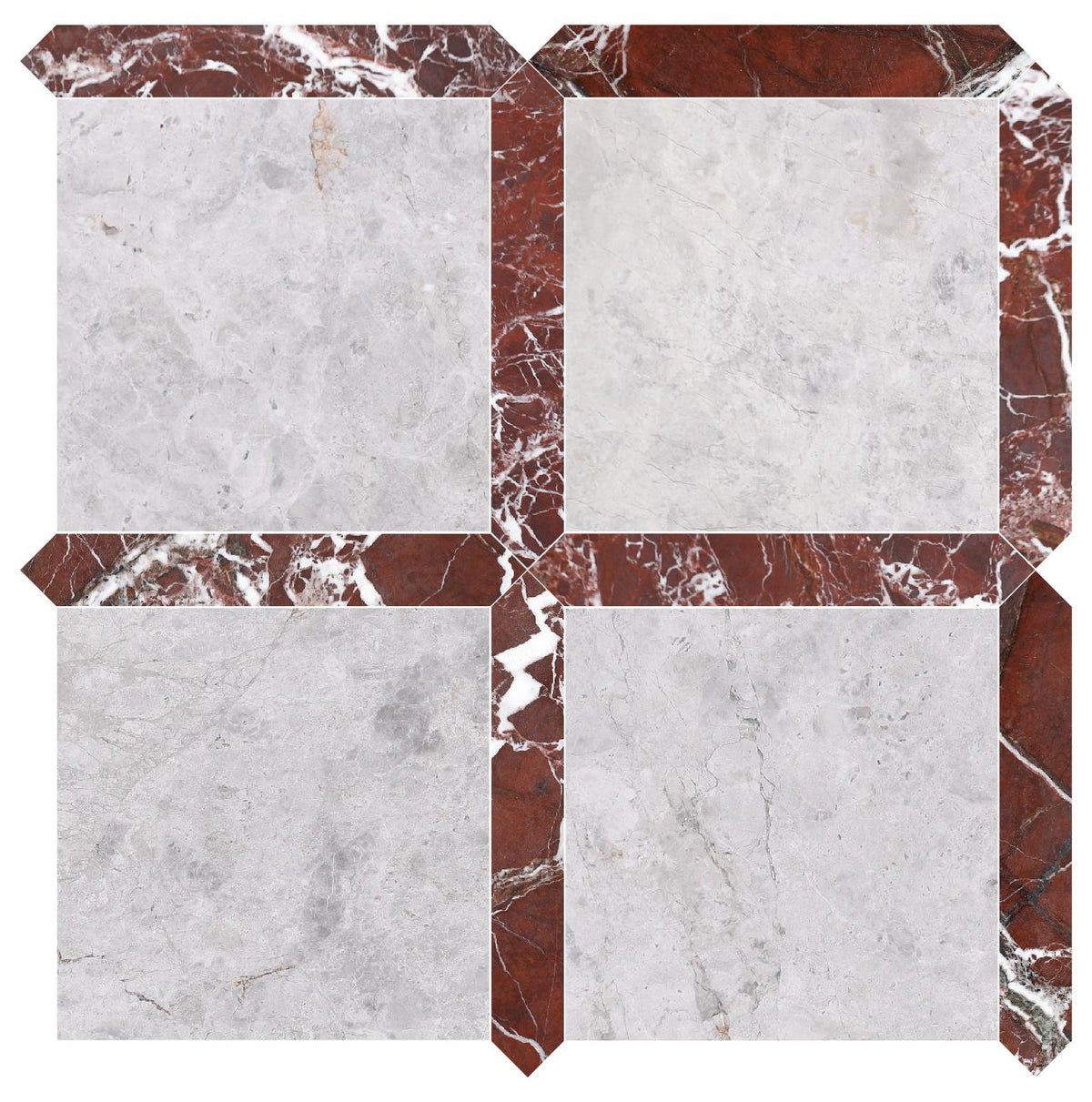 Tundra Grey Honed 12&#39;&#39; x 12&#39;&#39;  x 3/8&#39;&#39; Field Tile &amp; Rosso Levanto Honed Picket 2&#39;&#39;x12&#39;&#39; 3/8&#39;&#39; Field Tile | Picket Square