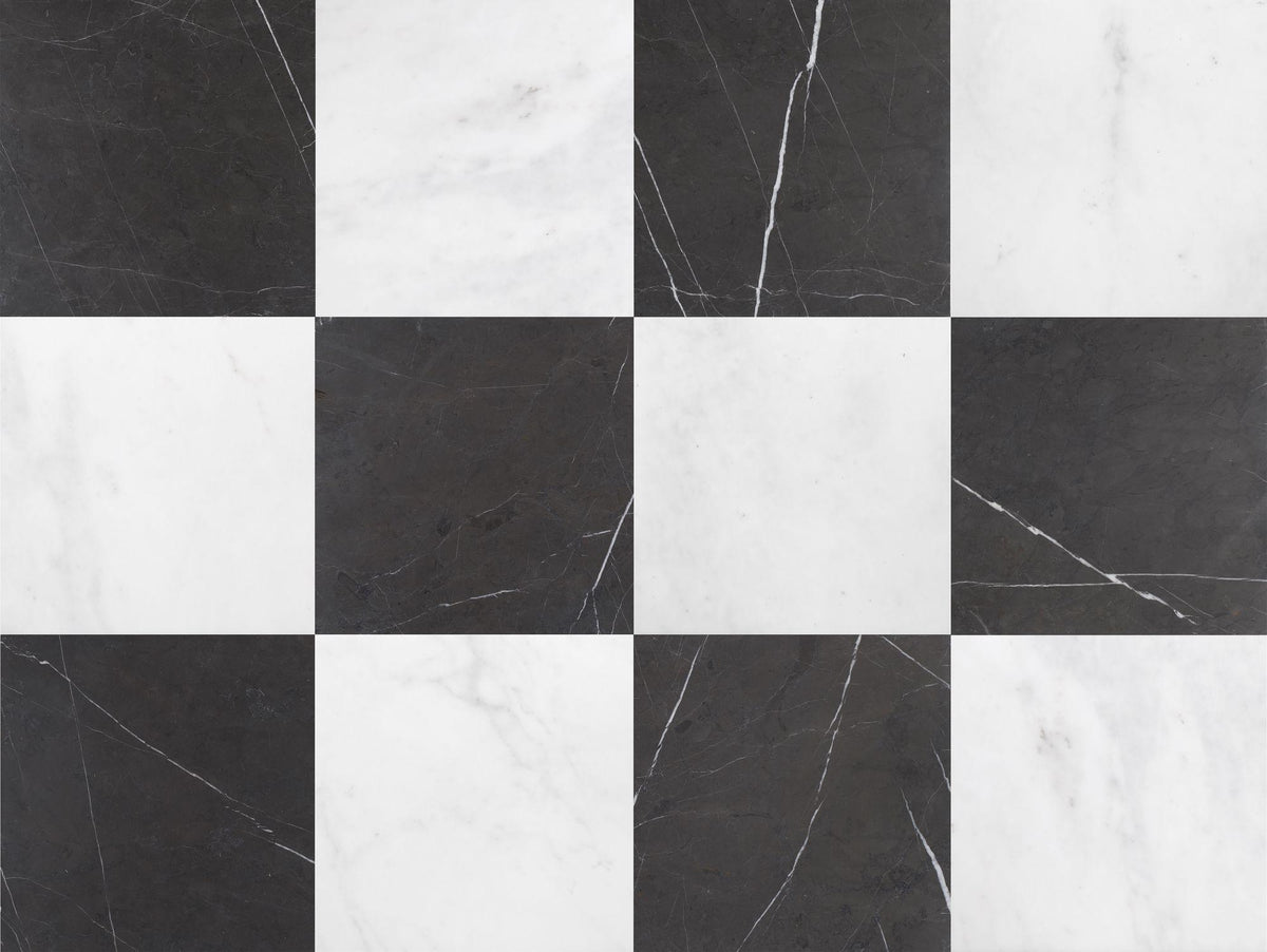 Afyon White Honed &amp; Mount Grey Plain Honed 12&#39;&#39; x 12&#39;&#39;  x 3/8&#39;&#39; Checker Board Field Tile