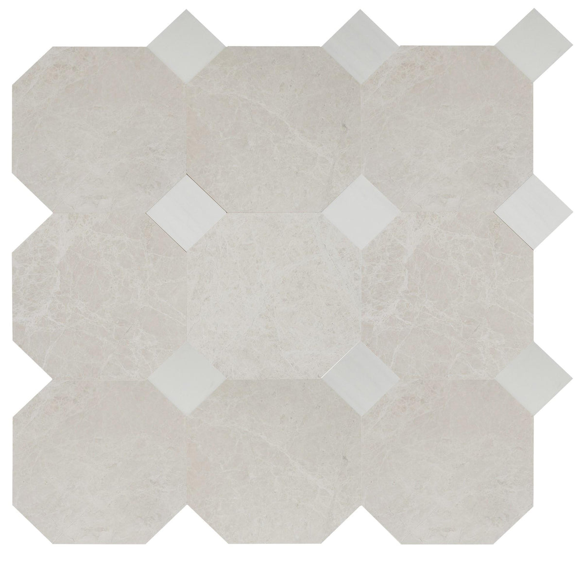 Vanillish Pearl Honed Octagon 12&#39;&#39; 3/8&#39;&#39; Field Tile &amp; Glacier White Honed 4&#39;&#39; x 4&#39;&#39;  x 3/8&#39;&#39; Field Tile | Octagon with Cabochon