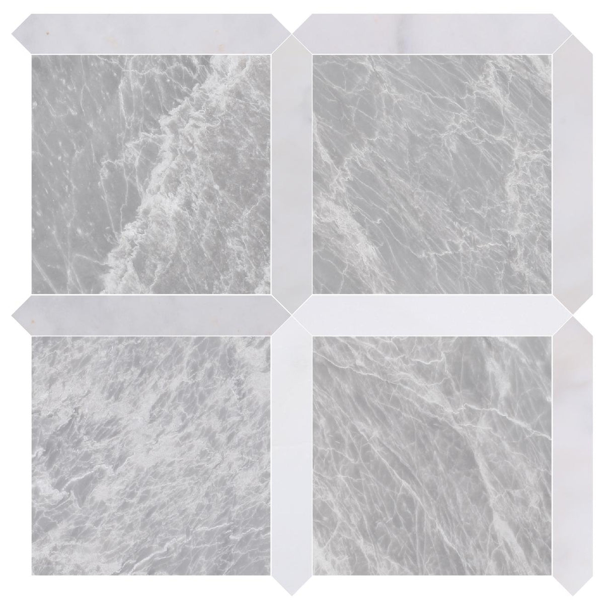 Nordic Grey Honed 12&#39;&#39; x 12&#39;&#39;  x 3/8&#39;&#39; Field Tile &amp; Afyon White Honed Picket 2&#39;&#39;x12&#39;&#39; 3/8&#39;&#39; Field Tile | Picket Square