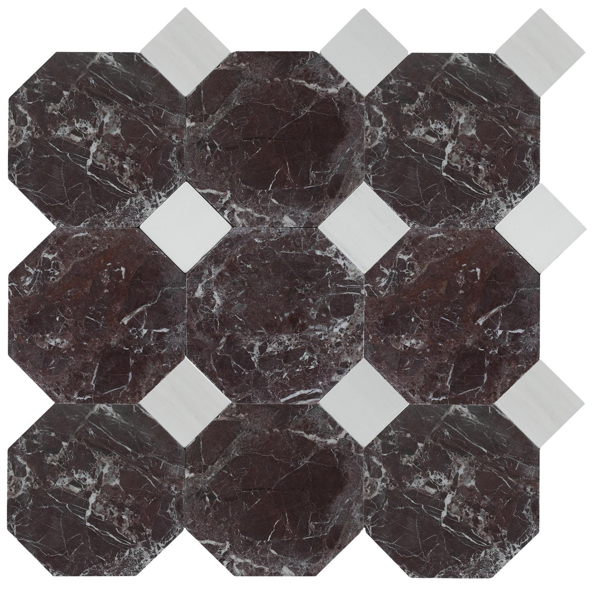 Rosso Levanto Tumbled Octagon 8&#39;&#39; 3/8&#39;&#39; Field Tile &amp; Glacier White Tumbled 3&#39;&#39; x 3&#39;&#39;  x 3/8&#39;&#39; Field Tile | Octagon with Cabochon