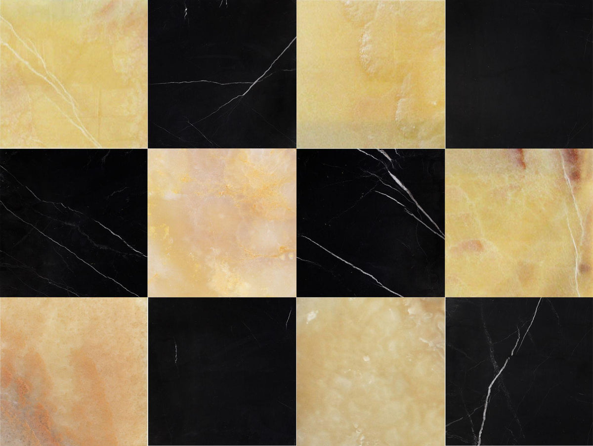 Black Silk Polished &amp; Honey Onyx Polished 12&#39;&#39; x 12&#39;&#39;  x 3/8&#39;&#39; Checker Board Field Tile