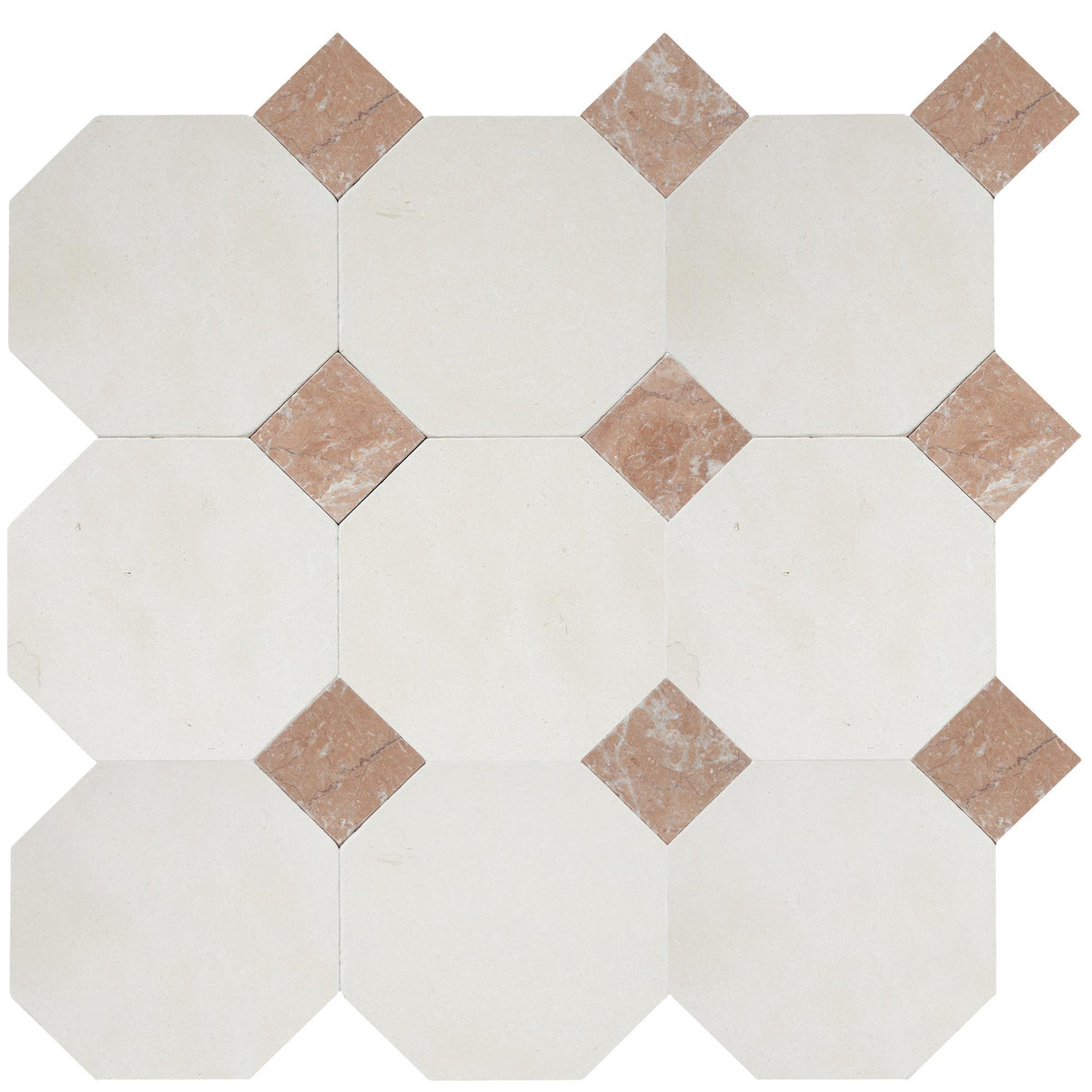 Simena Tumbled Octagon 8&#39;&#39; 3/8&#39;&#39; Field Tile &amp; Bellini Tumbled 3&#39;&#39; x 3&#39;&#39;  x 3/8&#39;&#39; Field Tile | Octagon with Cabochon