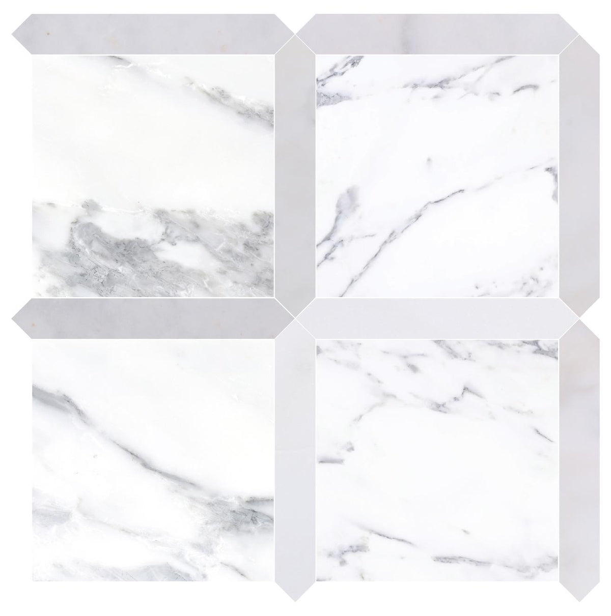 Statuario Honed 12&#39;&#39; x 12&#39;&#39;  x 3/8&#39;&#39; Field Tile &amp; Afyon White Honed Picket 2&#39;&#39;x12&#39;&#39; 3/8&#39;&#39; Field Tile | Picket Square