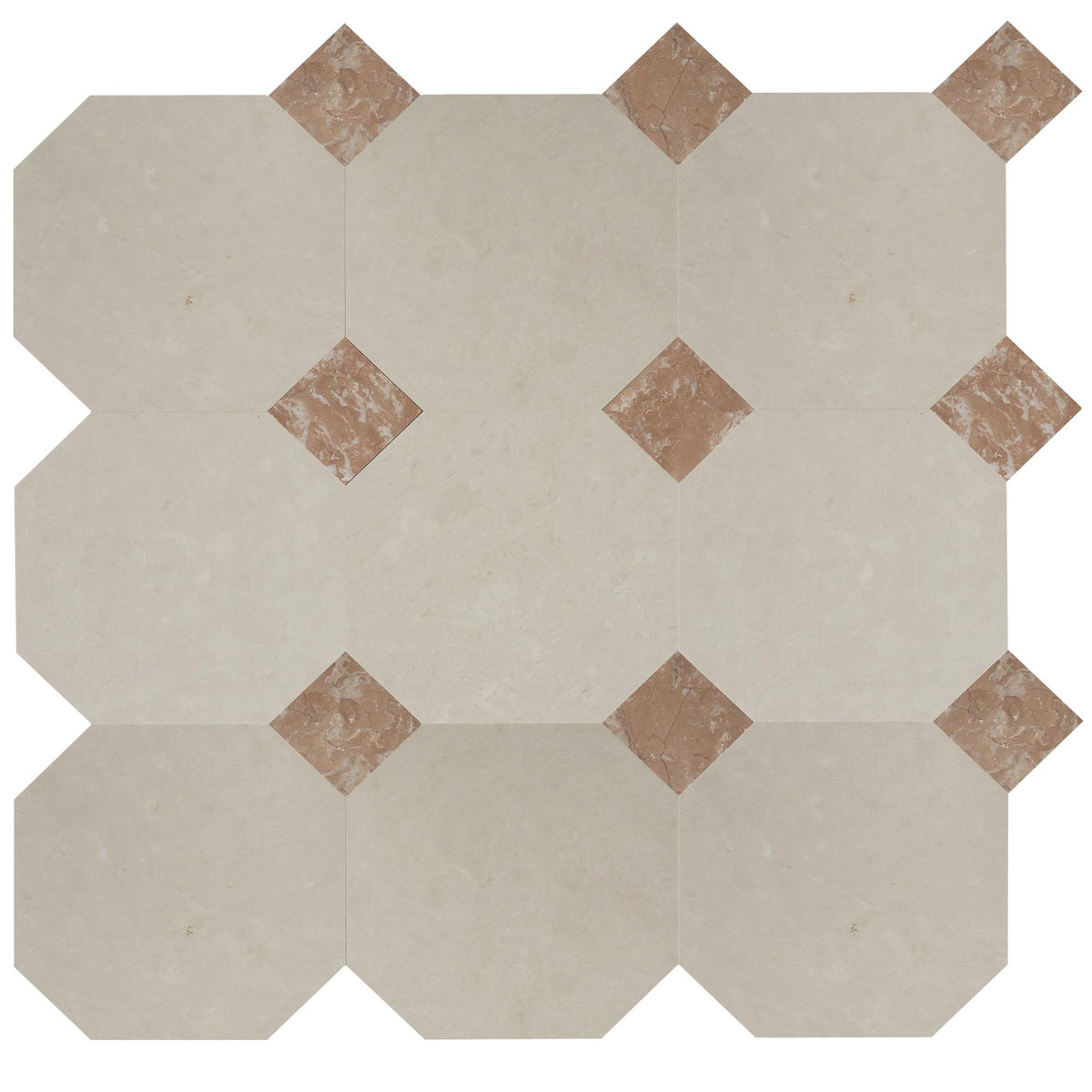 Crema Ella Honed Octagon 12&#39;&#39; 3/8&#39;&#39; Field Tile &amp; Bellini Honed 4&#39;&#39; x 4&#39;&#39;  x 3/8&#39;&#39; Field Tile | Octagon with Cabochon