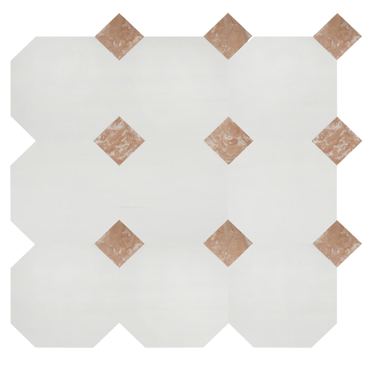 Glacier White Honed Octagon 12&#39;&#39; 3/8&#39;&#39; Field Tile &amp; Bellini Honed 4&#39;&#39; x 4&#39;&#39;  x 3/8&#39;&#39; Field Tile | Octagon with Cabochon