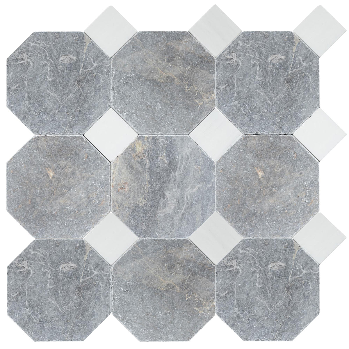 North Sky Tumbled Octagon 8&#39;&#39; 3/8&#39;&#39; Field Tile &amp; Glacier White Tumbled 3&#39;&#39; x 3&#39;&#39;  x 3/8&#39;&#39; Field Tile | Octagon with Cabochon