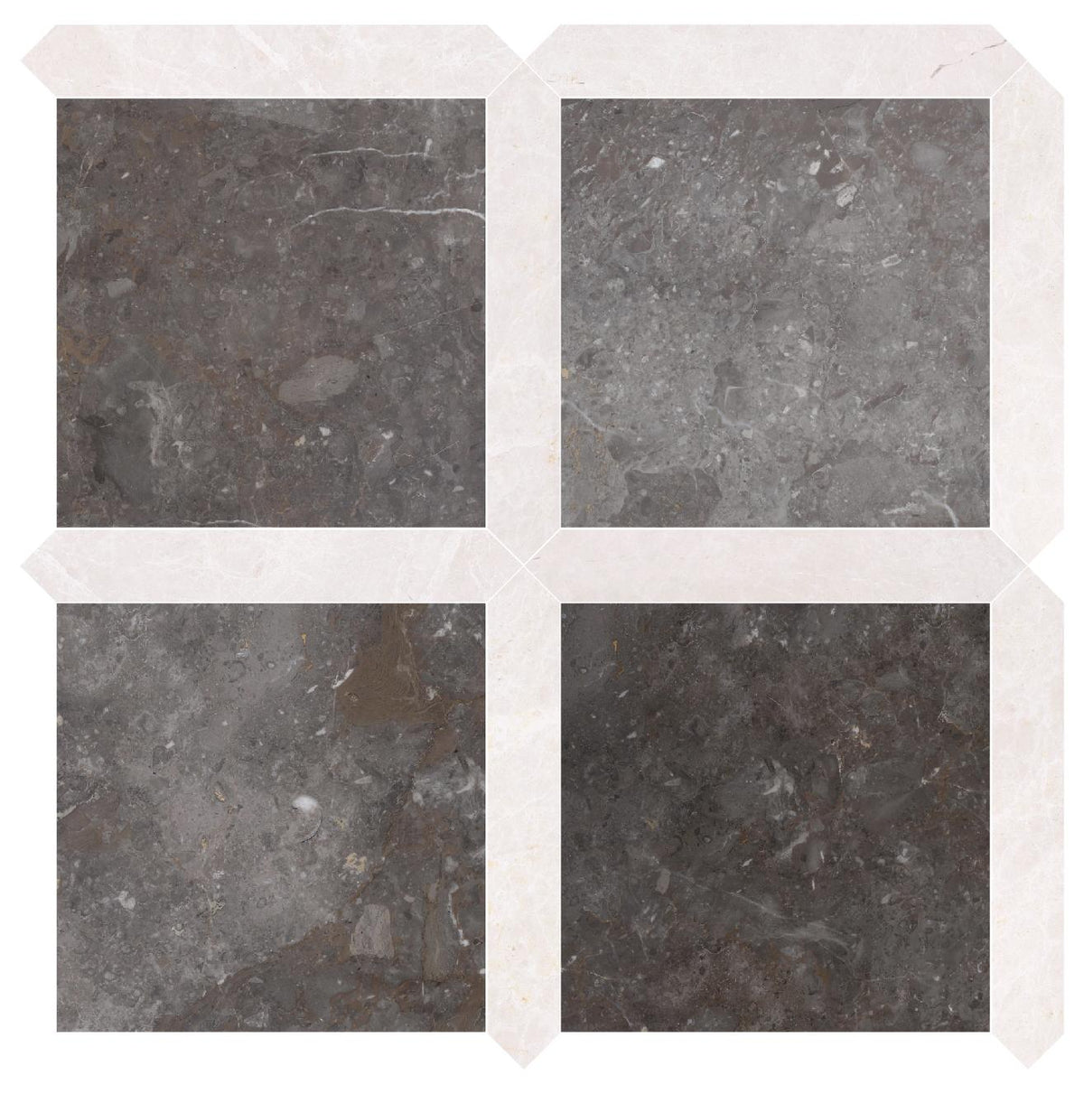 Caribbean Grey Honed 12&#39;&#39; x 12&#39;&#39;  x 3/8&#39;&#39; Field Tile &amp; Vanillish Pearl Honed Picket 2&#39;&#39;x12&#39;&#39; 3/8&#39;&#39; Field Tile | Picket Square