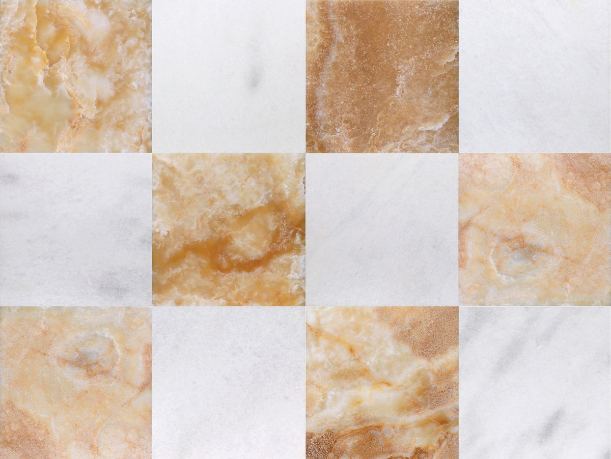 Amber Onyx Polished &amp; Biarritz White Polished 12&#39;&#39; x 12&#39;&#39;  x 3/8&#39;&#39; Checker Board Field Tile