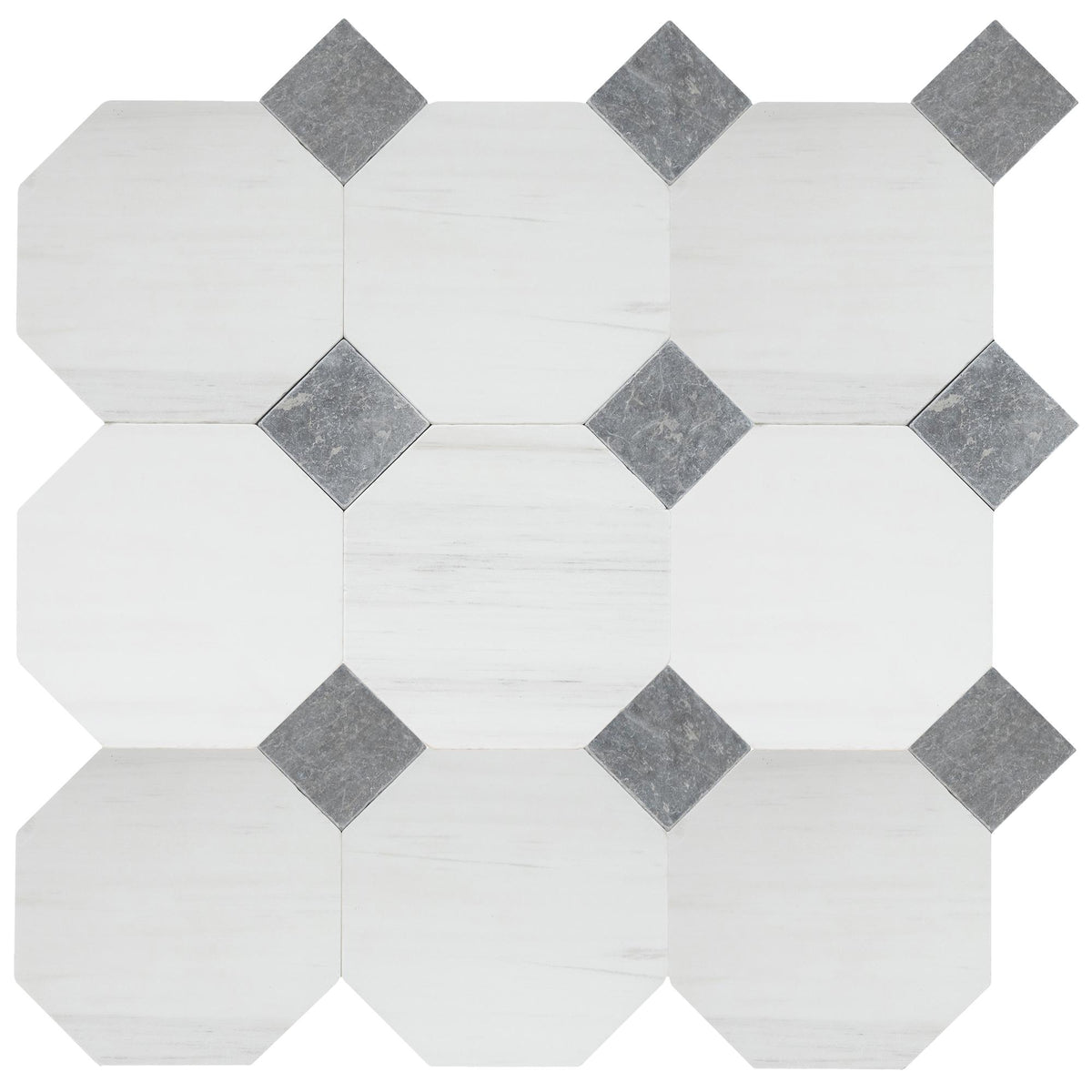 Glacier White Tumbled Octagon 8&#39;&#39; 3/8&#39;&#39; Field Tile &amp; Lovina Grey Tumbled 3&#39;&#39; x 3&#39;&#39;  x 3/8&#39;&#39; Field Tile | Octagon with Cabochon