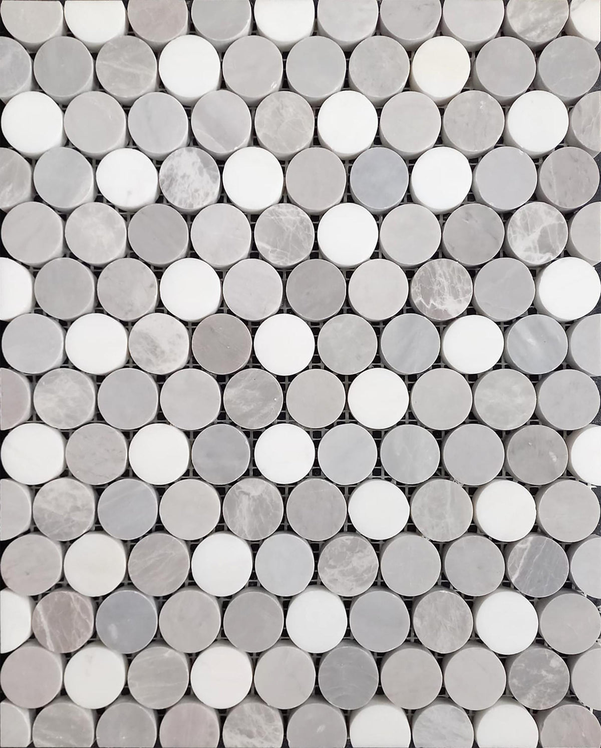 Glacier White &amp; Ice Grey &amp; Earth Grey &amp; Nordic Grey Penny Round Honed Mosaic