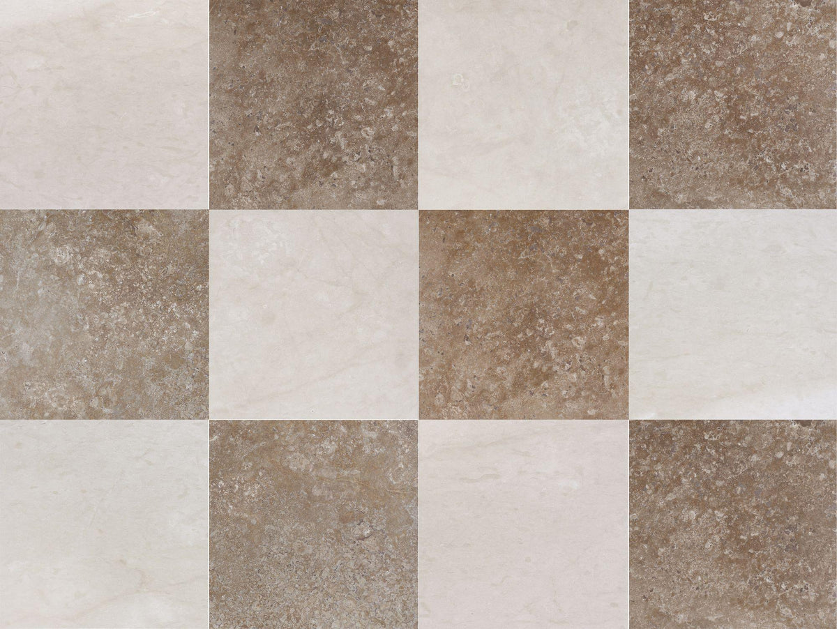 Cream Ole Honed &amp; Noce Dark CC Honed 12&#39;&#39; x 12&#39;&#39;  x 3/8&#39;&#39; Checker Board Field Tile