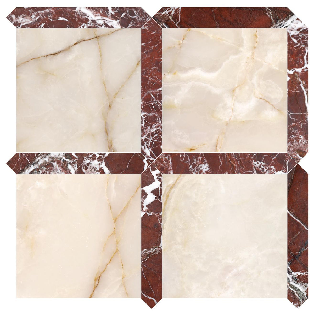 White Onyx Honed 12&#39;&#39; x 12&#39;&#39;  x 3/8&#39;&#39; Field Tile &amp; Rosso Levanto Honed Picket 2&#39;&#39;x12&#39;&#39; 3/8&#39;&#39; Field Tile | Picket Square
