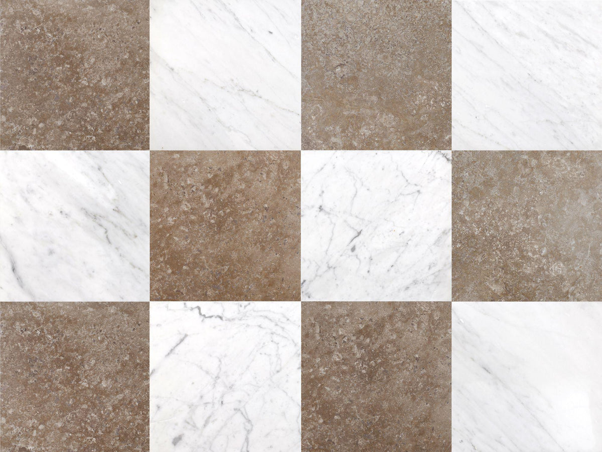 Bianco Carrara Honed &amp; Noce Dark CC Honed 12&#39;&#39; x 12&#39;&#39;  x 3/8&#39;&#39; Checker Board Field Tile