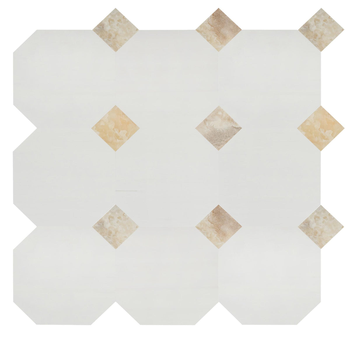 Glacier White Honed Octagon 12&#39;&#39; 3/8&#39;&#39; Field Tile &amp; Amber Onyx Honed 4&#39;&#39; x 4&#39;&#39;  x 3/8&#39;&#39; Field Tile | Octagon with Cabochon