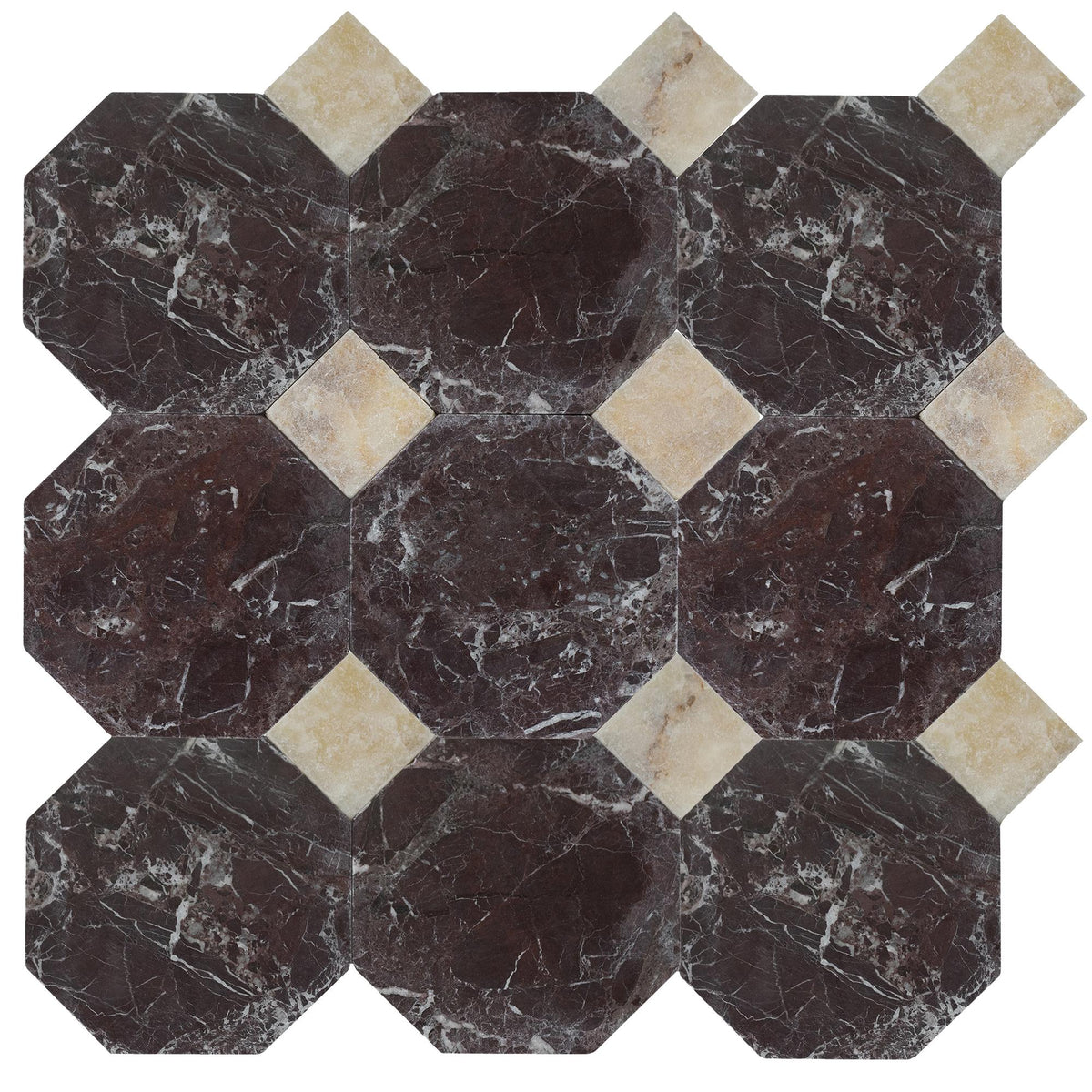 Rosso Levanto Tumbled Octagon 8&#39;&#39; 3/8&#39;&#39; Field Tile &amp; Amber Onyx Tumbled 3&#39;&#39; x 3&#39;&#39;  x 3/8&#39;&#39; Field Tile | Octagon with Cabochon