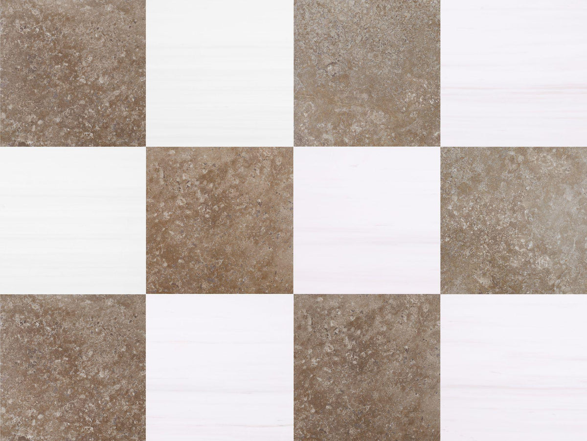 Glacier White Alanur Honed &amp; Noce Dark CC Honed 12&#39;&#39; x 12&#39;&#39;  x 3/8&#39;&#39; Checker Board Field Tile