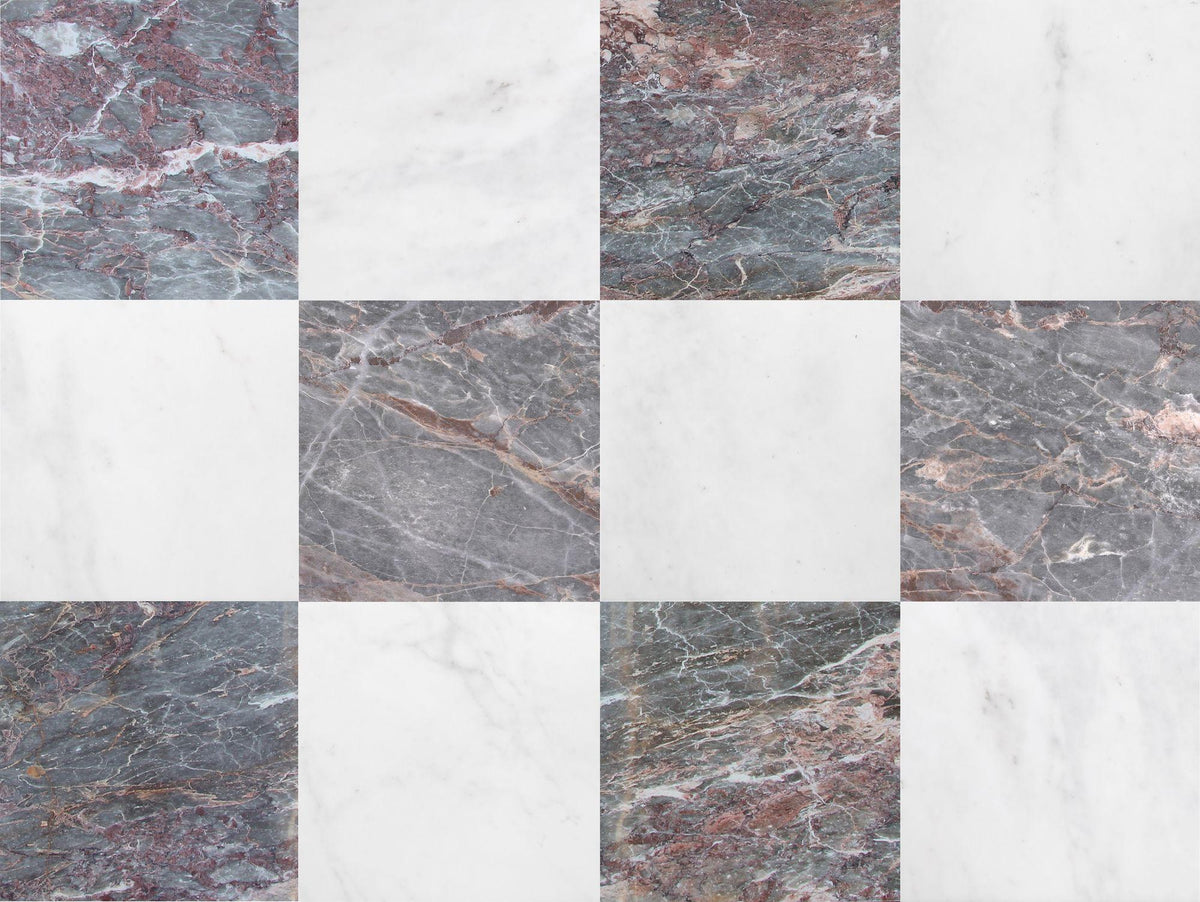 Afyon White Polished &amp; Salome Polished 12&#39;&#39; x 12&#39;&#39;  x 3/8&#39;&#39; Checker Board Field Tile