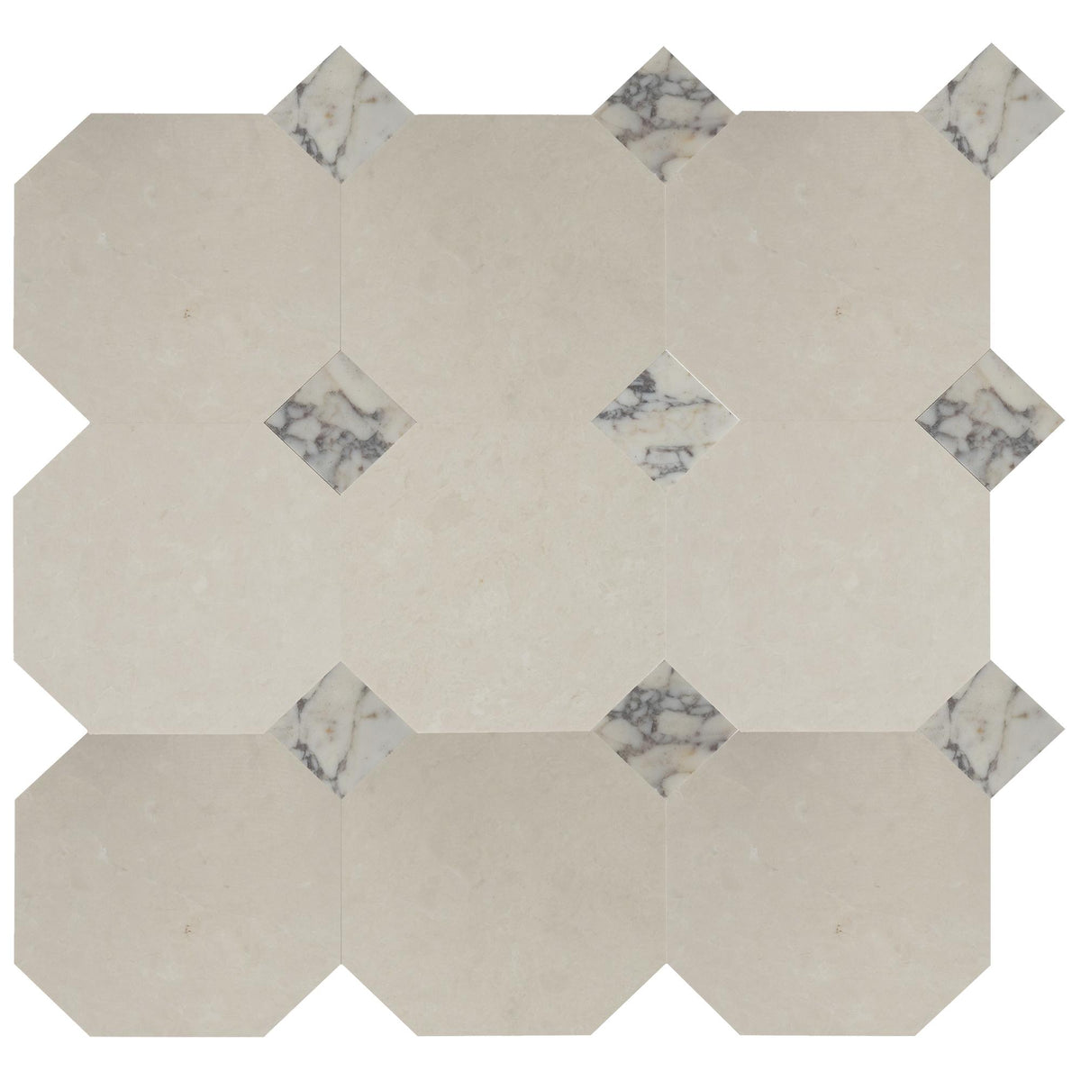 Crema Ella Honed Octagon 12&#39;&#39; 3/8&#39;&#39; Field Tile &amp; Calacatta Viola Honed 4&#39;&#39; x 4&#39;&#39;  x 3/8&#39;&#39; Field Tile | Octagon with Cabochon