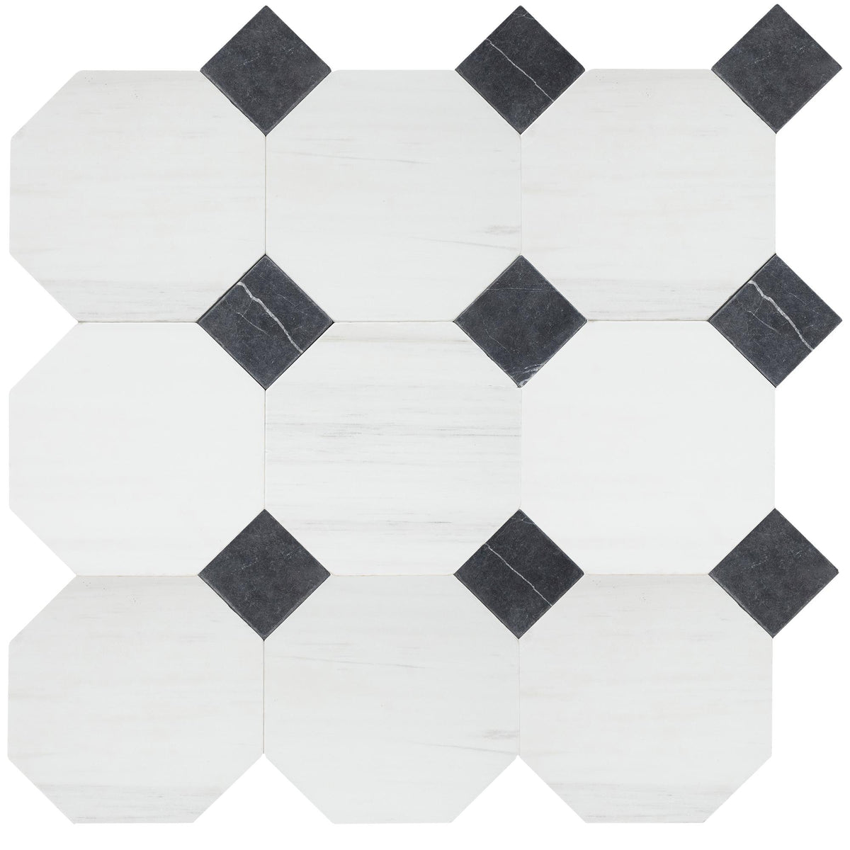 Glacier White Tumbled Octagon 8&#39;&#39; 3/8&#39;&#39; Field Tile &amp; Black Silk Tumbled 3&#39;&#39; x 3&#39;&#39;  x 3/8&#39;&#39; Field Tile | Octagon with Cabochon