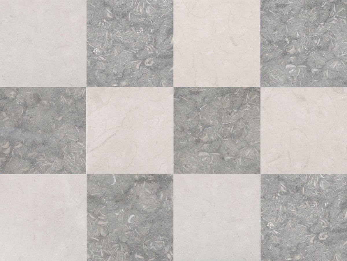 Aero Cream Honed &amp; Blue Grey Honed 18&#39;&#39; x 18&#39;&#39;  x 1/2&#39;&#39; Checker Board Field Tile