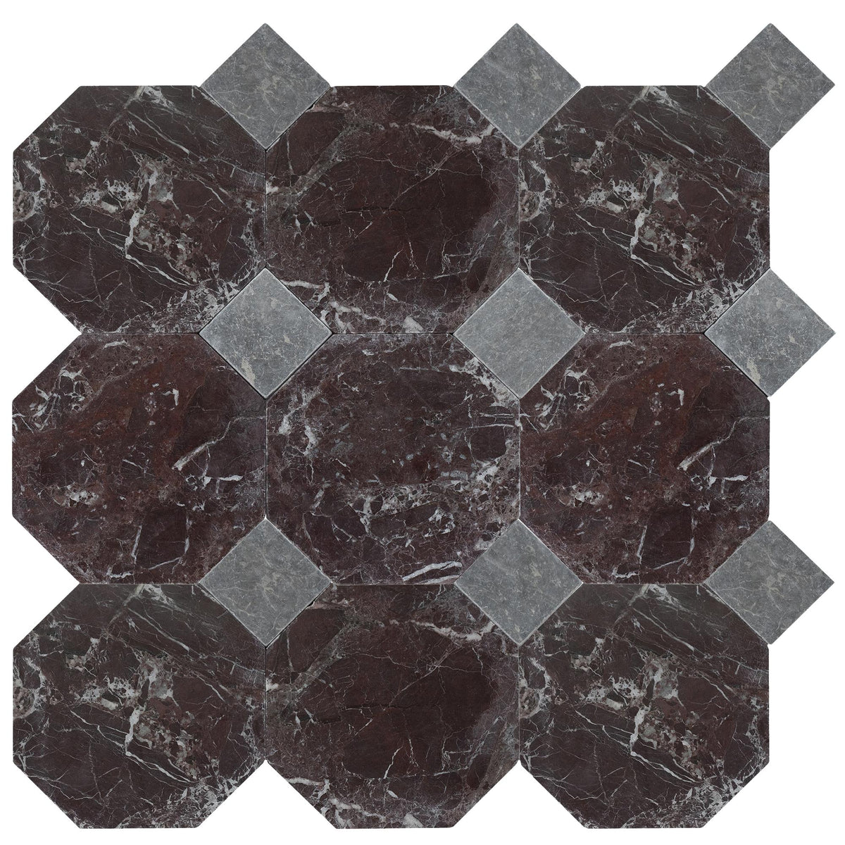 Rosso Levanto Tumbled Octagon 8&#39;&#39; 3/8&#39;&#39; Field Tile &amp; Lovina Grey Tumbled 3&#39;&#39; x 3&#39;&#39;  x 3/8&#39;&#39; Field Tile | Octagon with Cabochon