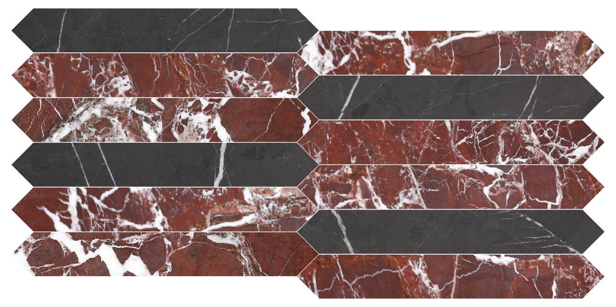 Mount Grey Plain Honed Picket 2&#39;&#39;x12&#39;&#39; 3/8&#39;&#39; Field Tile &amp; Rosso Levanto Honed Picket 2&#39;&#39;x12&#39;&#39; 3/8&#39;&#39; Field Tile | Picket Field Tile