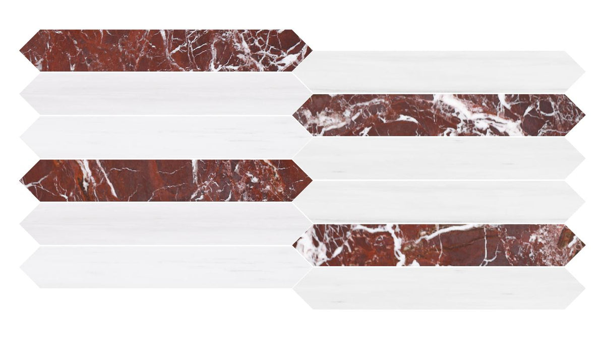 Rosso Levanto Honed Picket 2&#39;&#39;x12&#39;&#39; 3/8&#39;&#39; Field Tile &amp; Glacier White Honed Picket 2&#39;&#39;x12&#39;&#39; 3/8&#39;&#39; Field Tile | Picket Field Tile