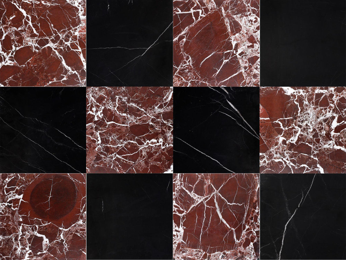 Black Silk Polished &amp; Rosso Levanto Polished 12&#39;&#39; x 12&#39;&#39;  x 3/8&#39;&#39; Checker Board Field Tile