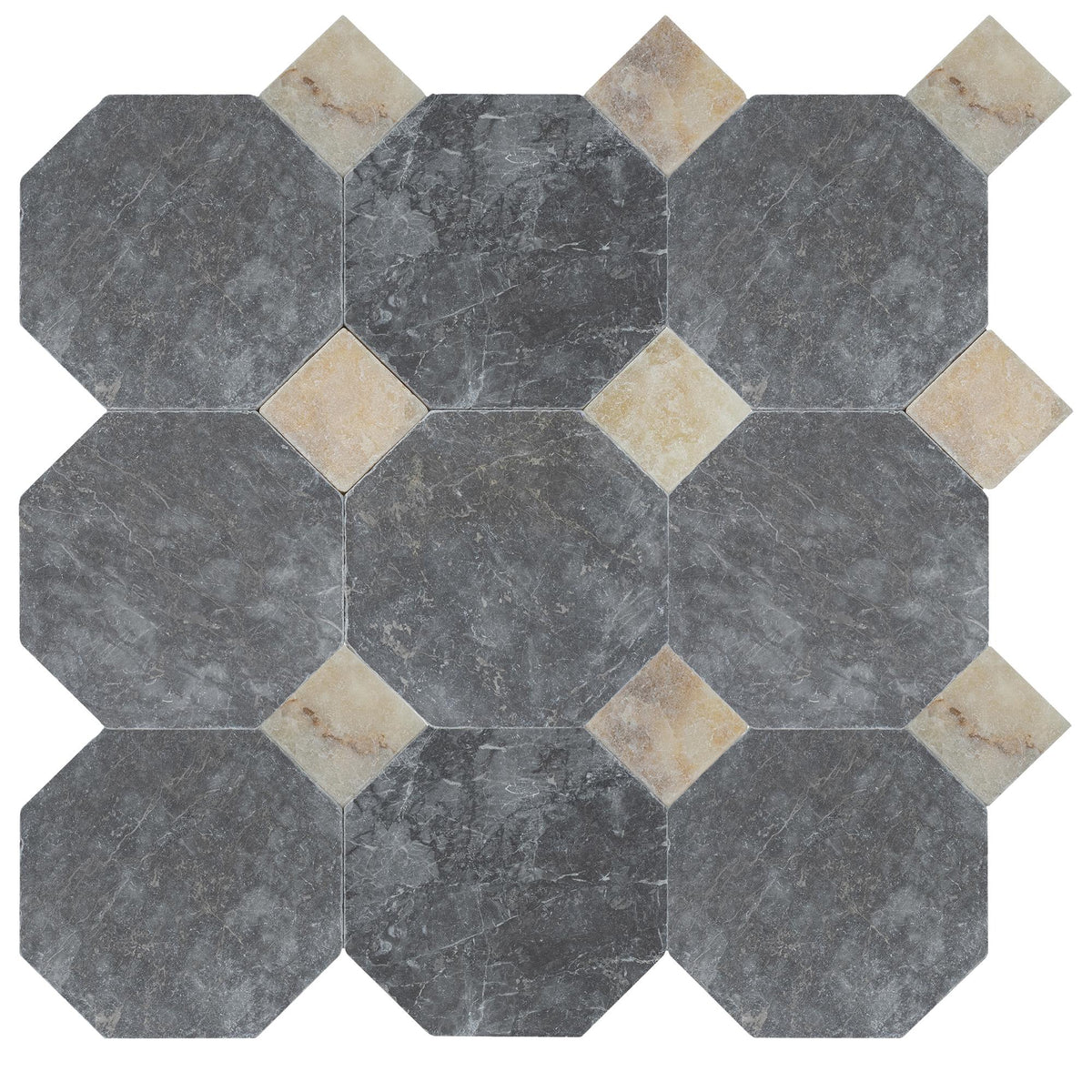 Lovina Grey Tumbled Octagon 8&#39;&#39; 3/8&#39;&#39; Field Tile &amp; Amber Onyx Tumbled 3&#39;&#39; x 3&#39;&#39;  x 3/8&#39;&#39; Field Tile | Octagon with Cabochon