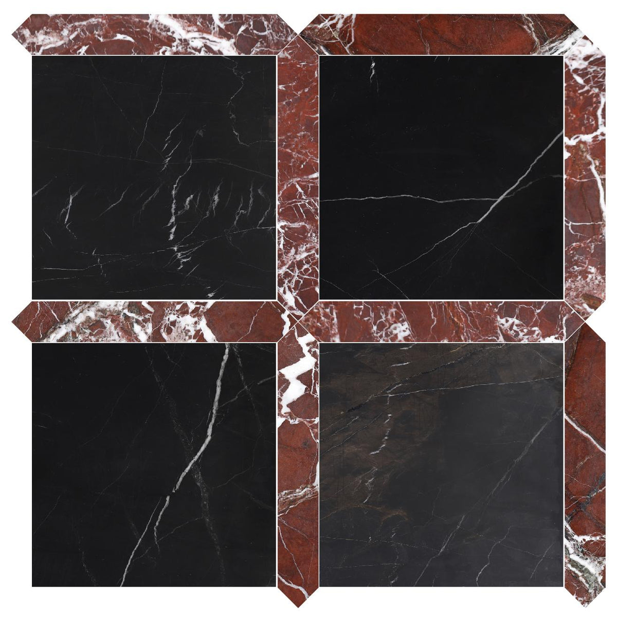 Black Silk Honed 12&#39;&#39; x 12&#39;&#39;  x 3/8&#39;&#39; Field Tile &amp; Rosso Levanto Honed Picket 2&#39;&#39;x12&#39;&#39; 3/8&#39;&#39; Field Tile | Picket Square