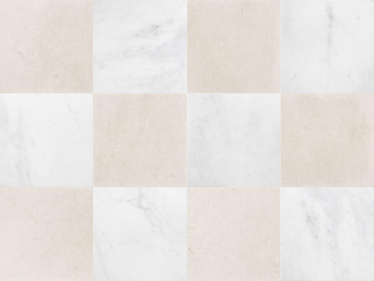 Afyon White Honed &amp; Simena Honed 12&#39;&#39; x 12&#39;&#39;  x 3/8&#39;&#39; Checker Board Field Tile