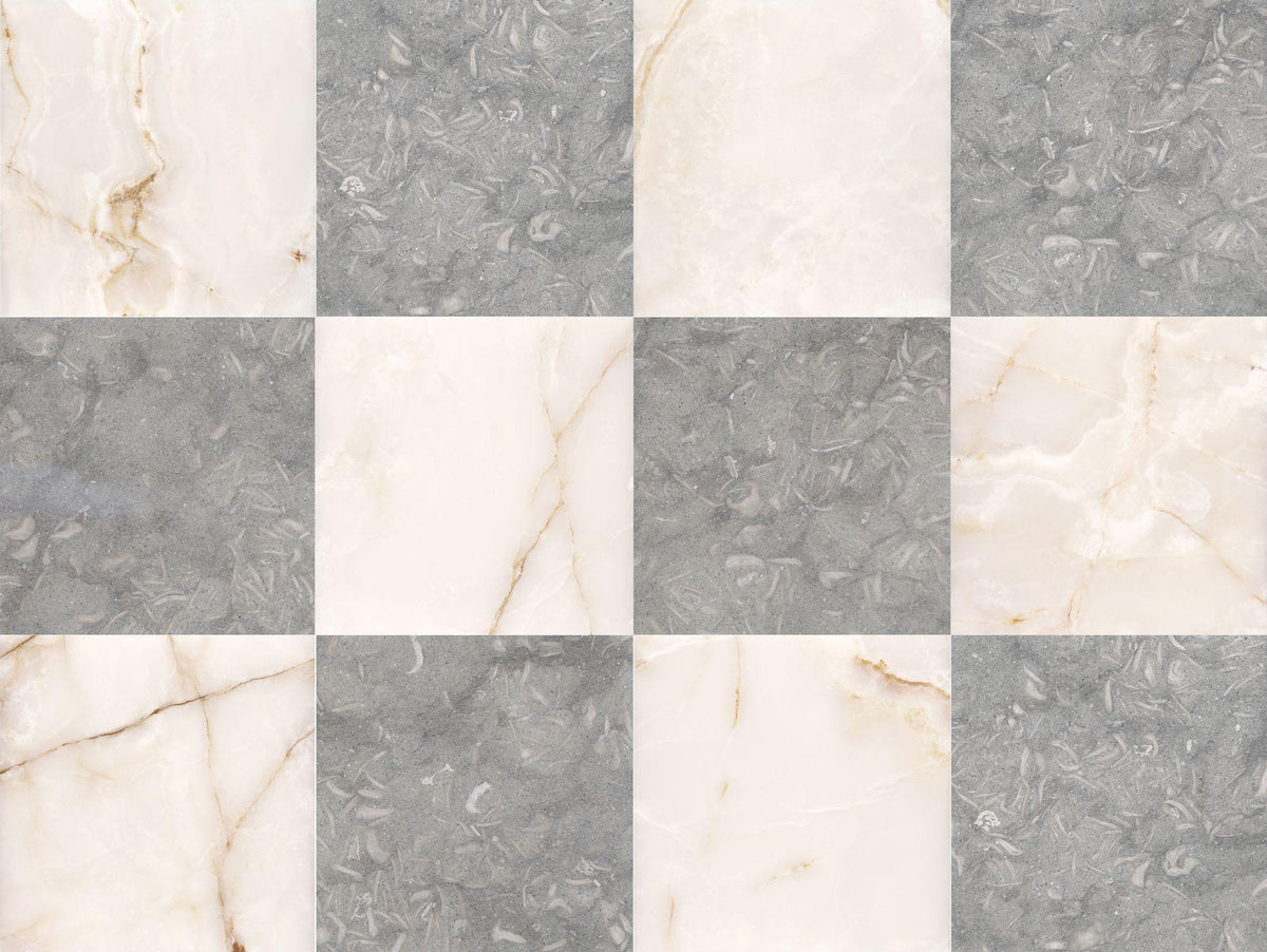 Blue Grey Satin &amp; White Onyx Polished 12&#39;&#39; x 12&#39;&#39;  x 3/8&#39;&#39; Checker Board Field Tile