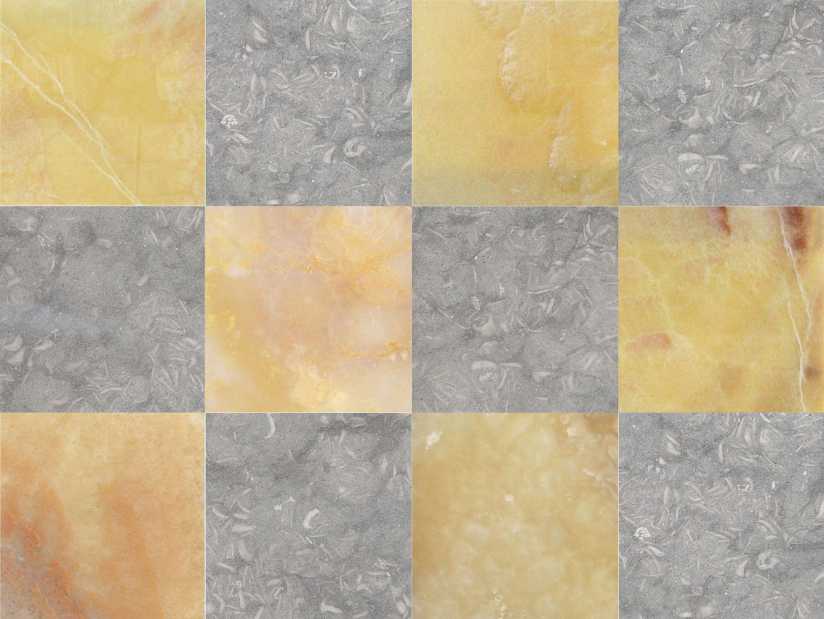 Blue Grey Satin &amp; Honey Onyx Polished 12&#39;&#39; x 12&#39;&#39;  x 3/8&#39;&#39; Checker Board Field Tile