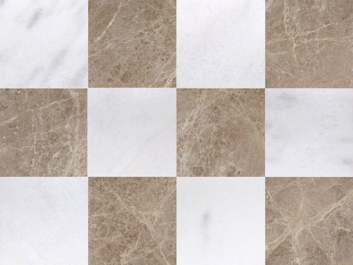 Biarritz White Polished &amp; Emperador Light Polished 12&#39;&#39; x 12&#39;&#39;  x 3/8&#39;&#39; Checker Board Field Tile