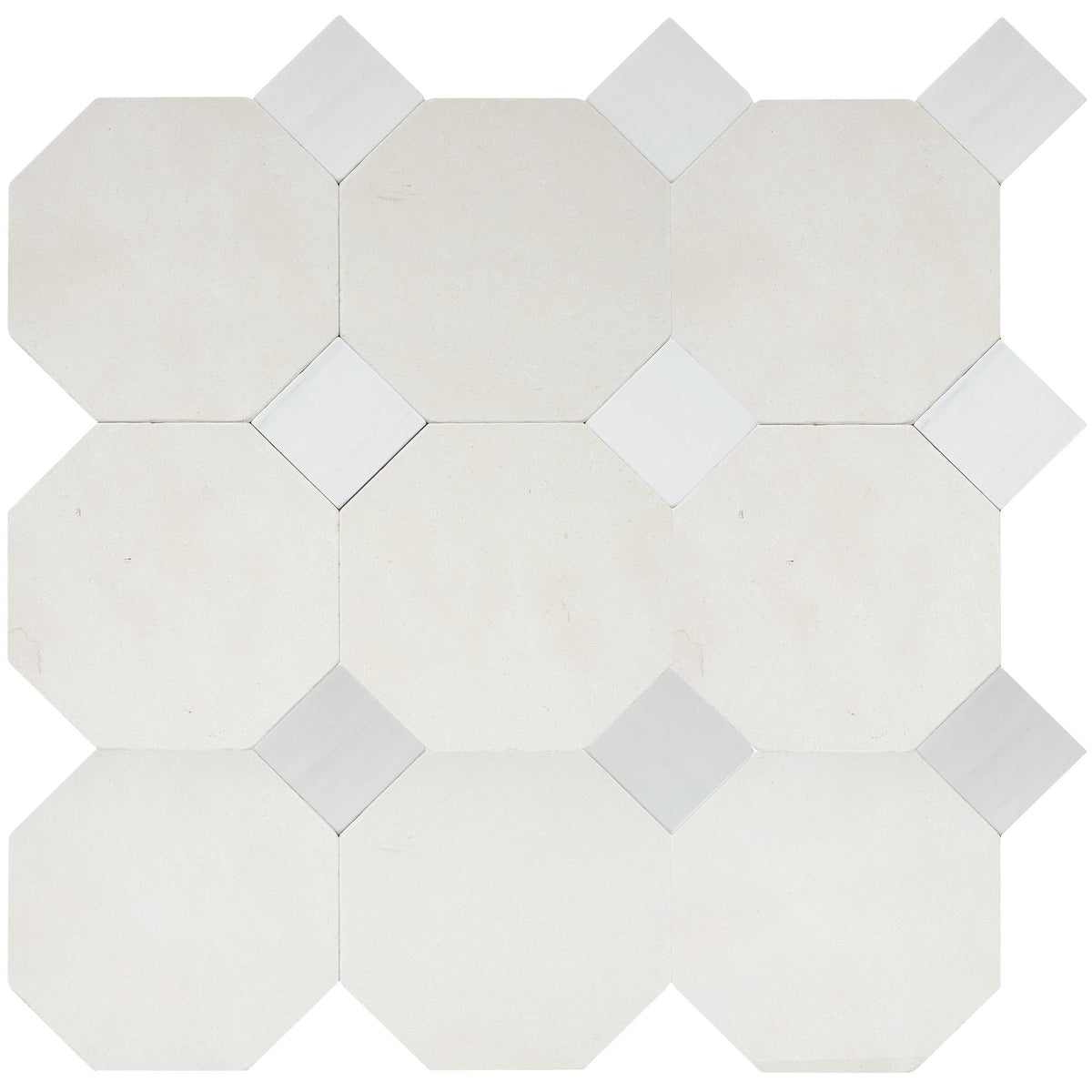 Simena Tumbled Octagon 8&#39;&#39; 3/8&#39;&#39; Field Tile &amp; Glacier White Tumbled 3&#39;&#39; x 3&#39;&#39;  x 3/8&#39;&#39; Field Tile | Octagon with Cabochon