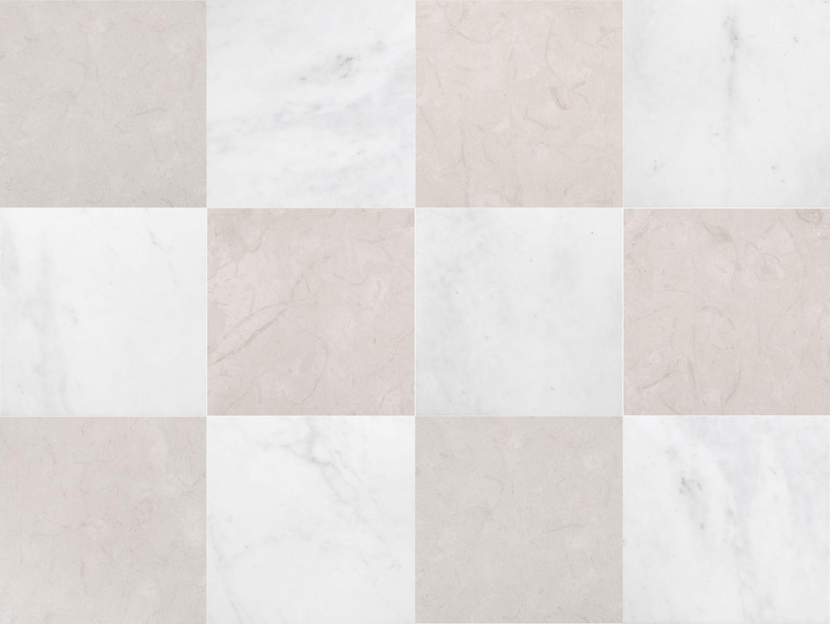 Aero Cream Honed 18&#39;&#39; x 18&#39;&#39;  x 1/2&#39;&#39; Field Tile &amp; Afyon White Honed 18&#39;&#39; x 18&#39;&#39;  x 3/8&#39;&#39; Checker Board Field Tile
