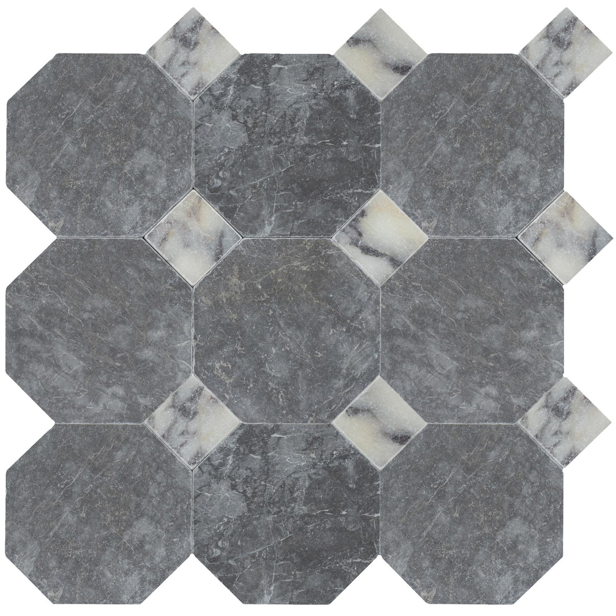 Lovina Grey Tumbled Octagon 8&#39;&#39; 3/8&#39;&#39; Field Tile &amp; Calacatta Viola Tumbled 3&#39;&#39; x 3&#39;&#39;  x 3/8&#39;&#39; Field Tile | Octagon with Cabochon