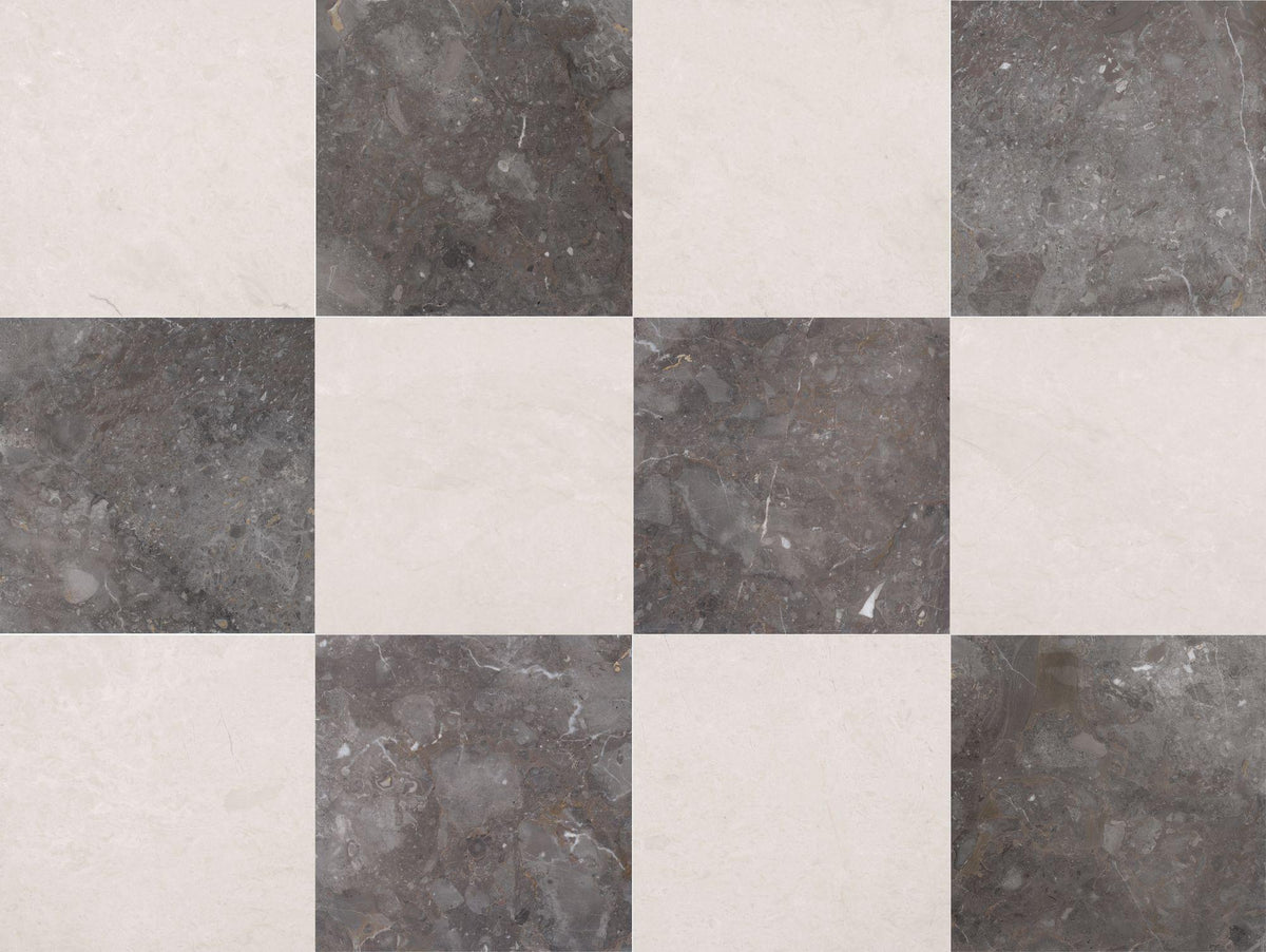 Caribbean Grey Honed &amp; Crema Ella Honed 12&#39;&#39; x 12&#39;&#39;  x 3/8&#39;&#39; Checker Board Field Tile