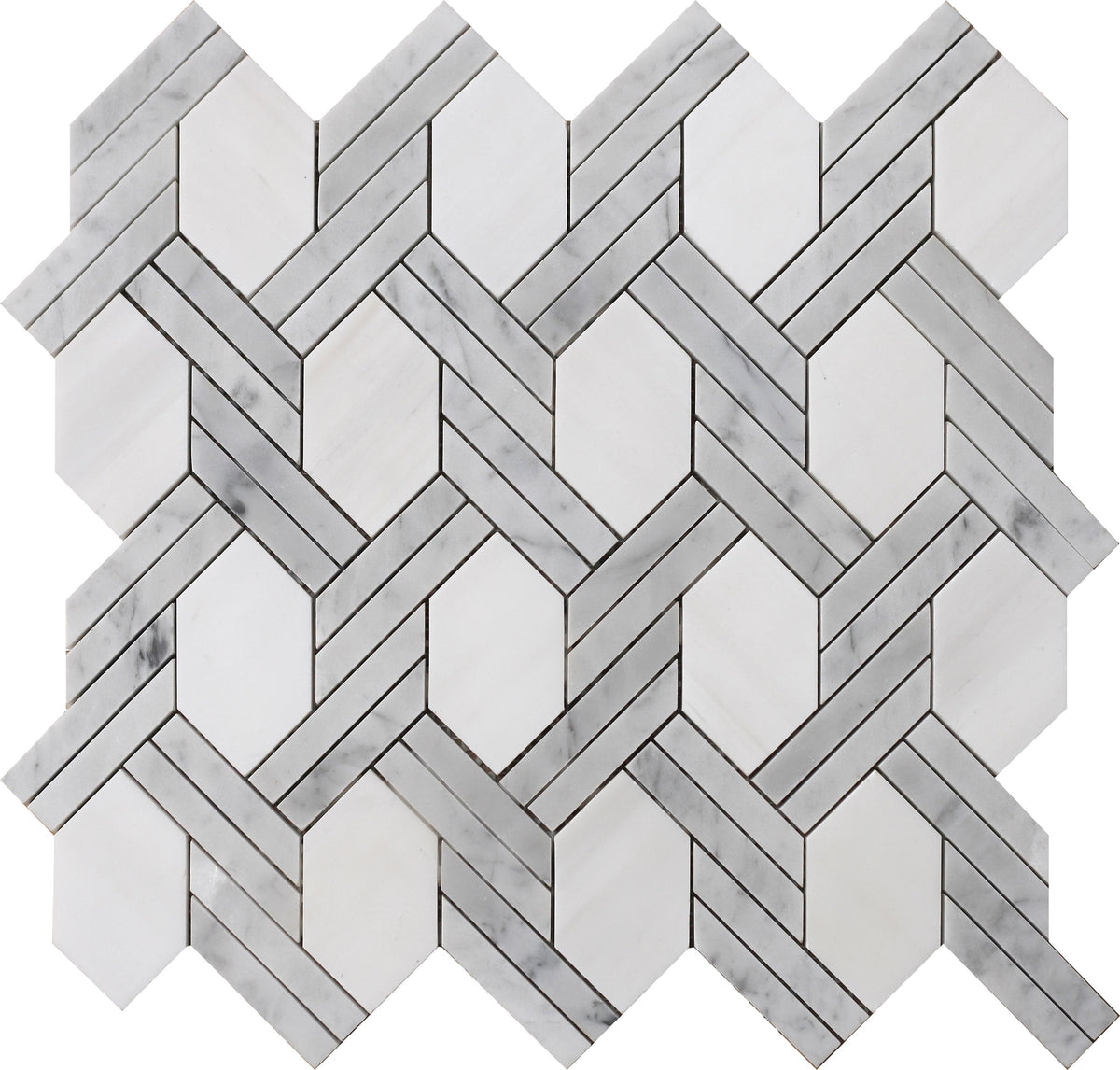 Glacier White &amp; Bianco Carrara Braid Basketweave Honed Mosaic