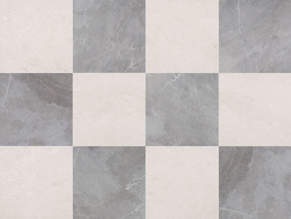 Crema Ella Honed &amp; Earth Grey Honed 12&#39;&#39; x 12&#39;&#39;  x 3/8&#39;&#39; Checker Board Field Tile