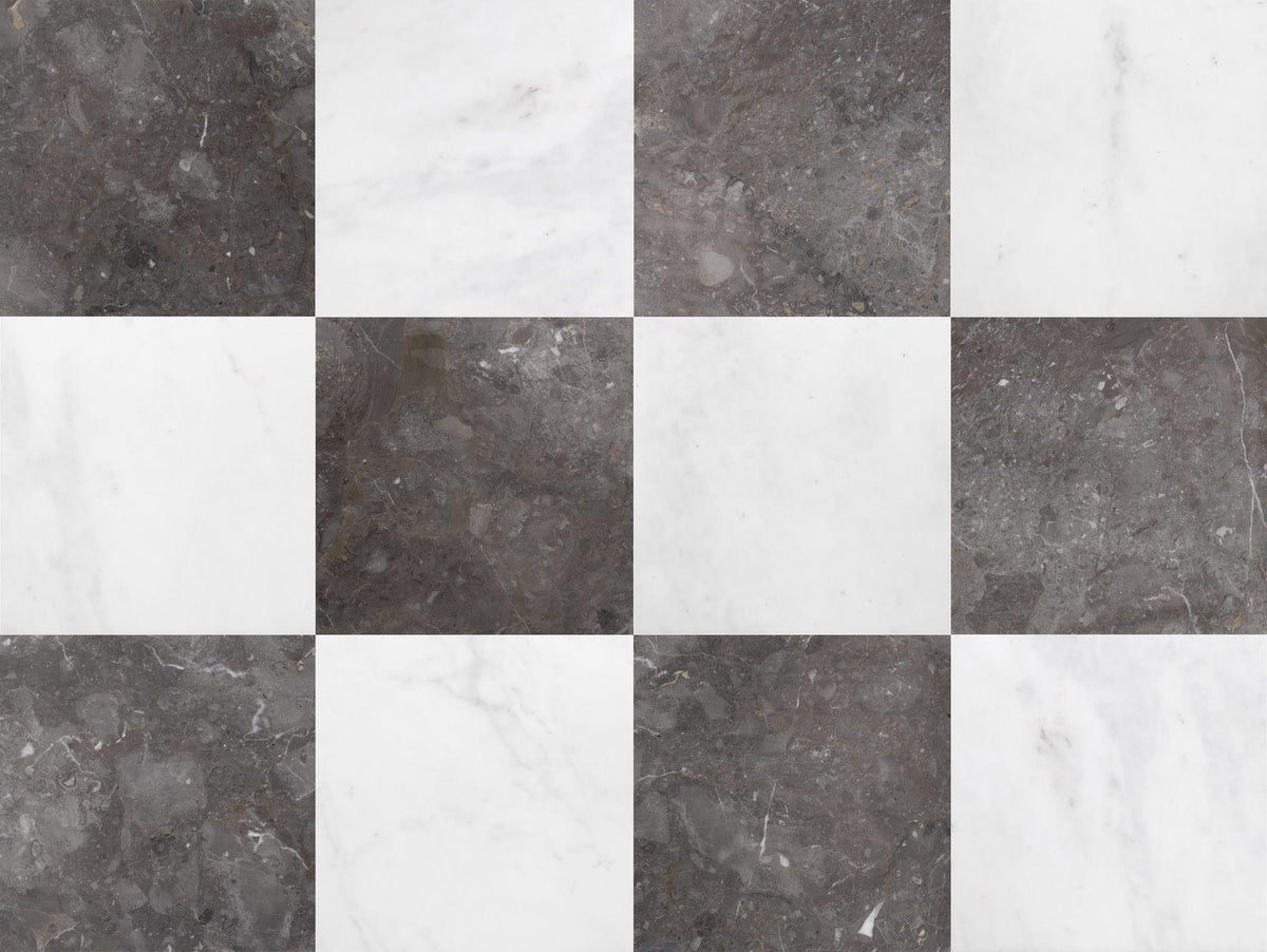 Afyon White Honed &amp; Caribbean Grey Honed 12&#39;&#39; x 12&#39;&#39;  x 1/2&#39;&#39; Field Tile 12&#39;&#39; x 12&#39;&#39;  x 3/8&#39;&#39; Checker Board Field Tile