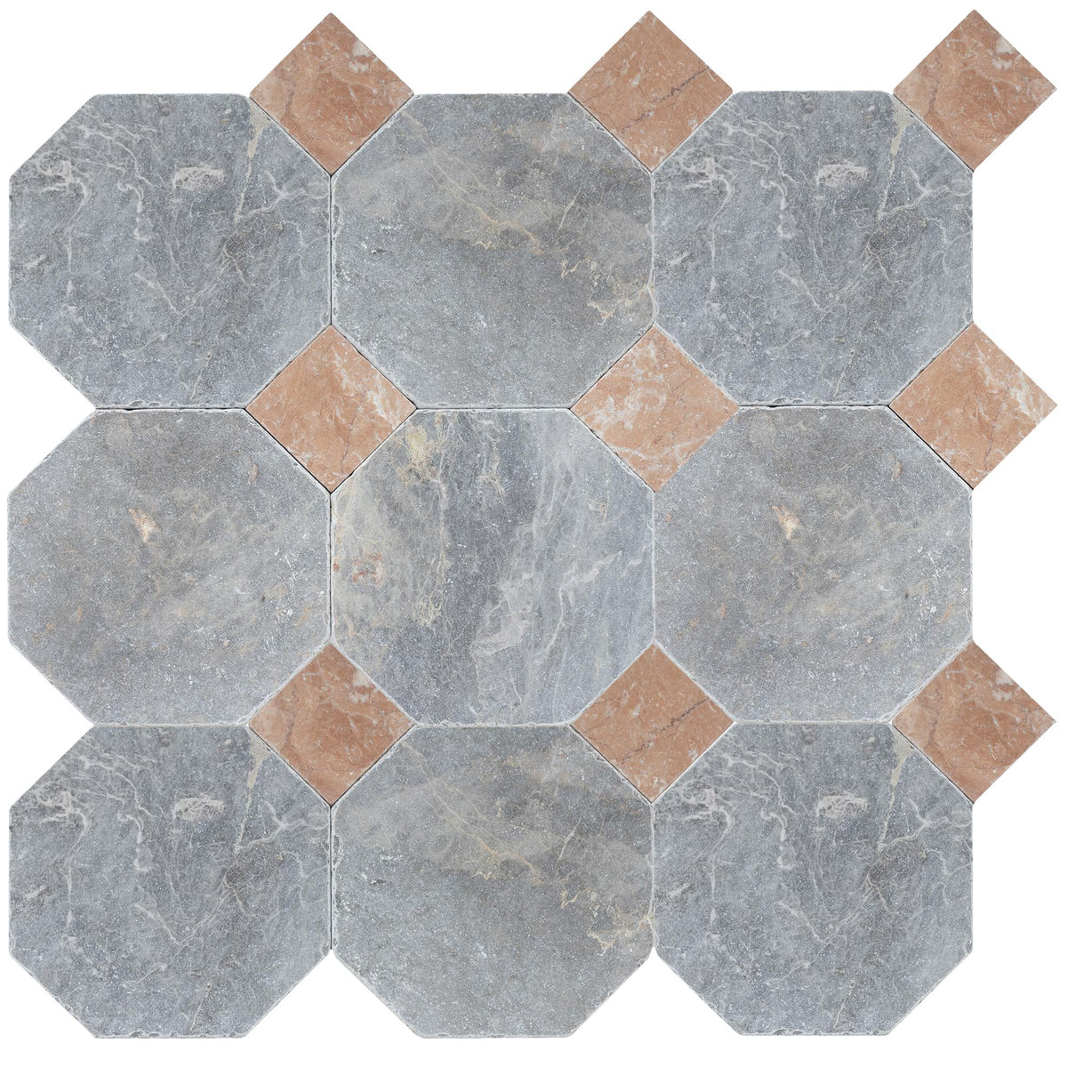 North Sky Tumbled Octagon 8&#39;&#39; 3/8&#39;&#39; Field Tile &amp; Bellini Tumbled 3&#39;&#39; x 3&#39;&#39;  x 3/8&#39;&#39; Field Tile | Octagon with Cabochon