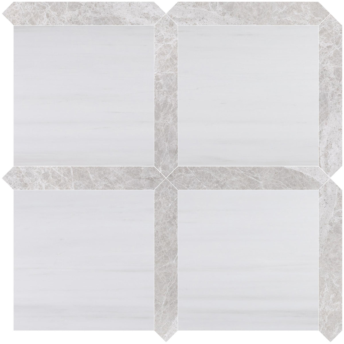 Glacier White Select Honed 12&#39;&#39; x 12&#39;&#39;  x 3/8&#39;&#39; Field Tile &amp; Vanillish Pearl Honed Picket 2&#39;&#39;x12&#39;&#39; 3/8&#39;&#39; Field Tile | Picket Square