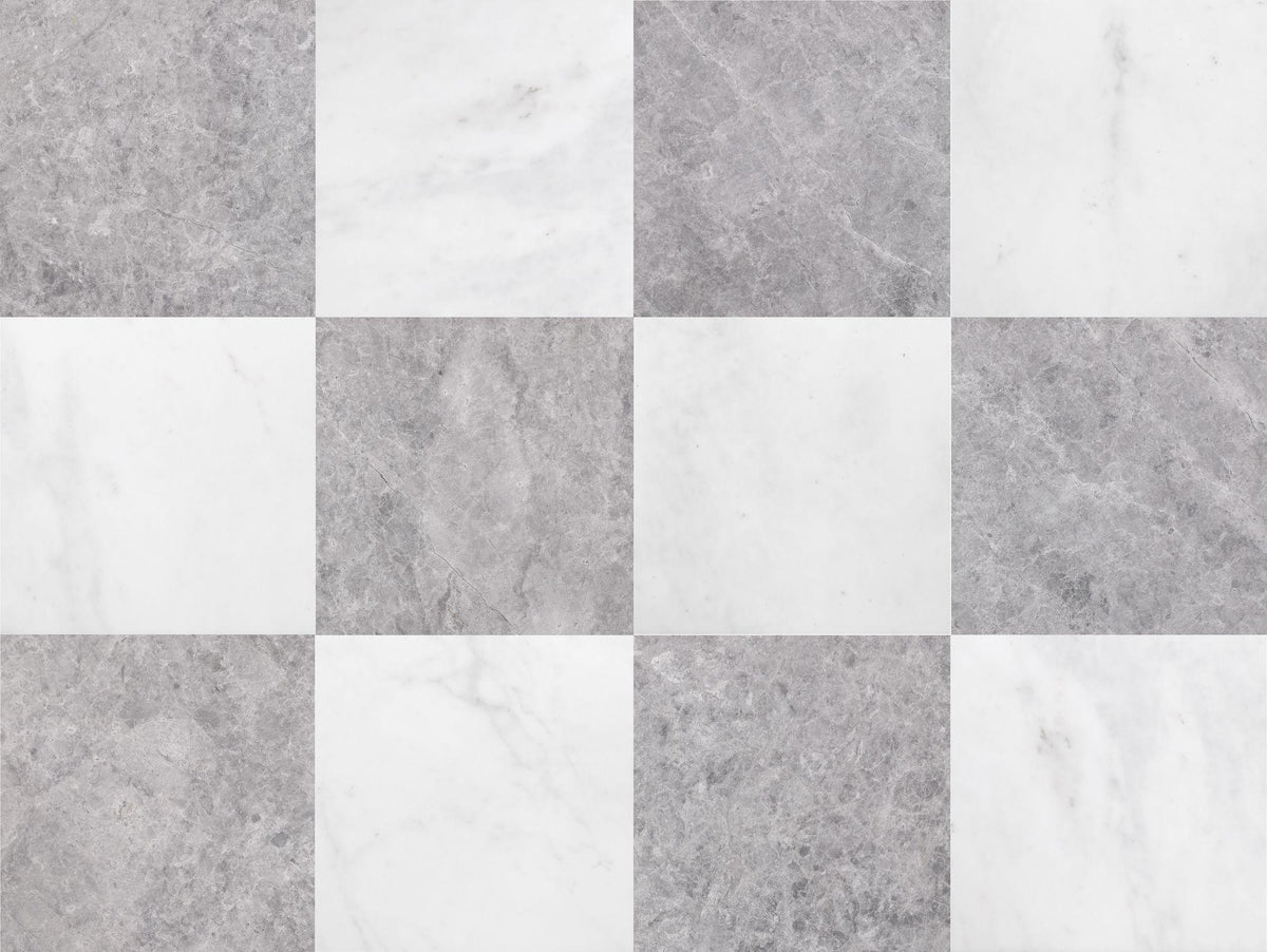 Afyon White Honed &amp; Tundra Blue Honed 12&#39;&#39; x 12&#39;&#39;  x 3/8&#39;&#39; Checker Board Field Tile