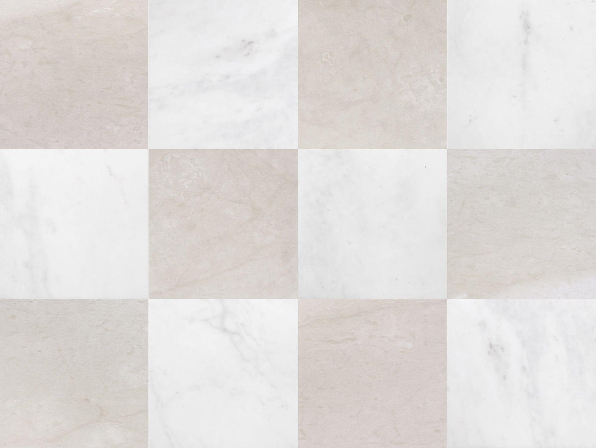 Afyon White Honed &amp; Cream Ole Honed 12&#39;&#39; x 12&#39;&#39;  x 3/8&#39;&#39; Checker Board Field Tile
