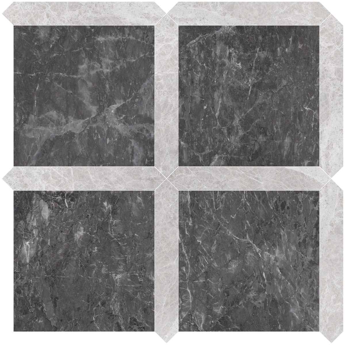Lovina Grey Honed 12&#39;&#39; x 12&#39;&#39;  x 3/8&#39;&#39; Field Tile &amp; Vanillish Pearl Honed Picket 2&#39;&#39;x12&#39;&#39; 3/8&#39;&#39; Field Tile | Picket Square